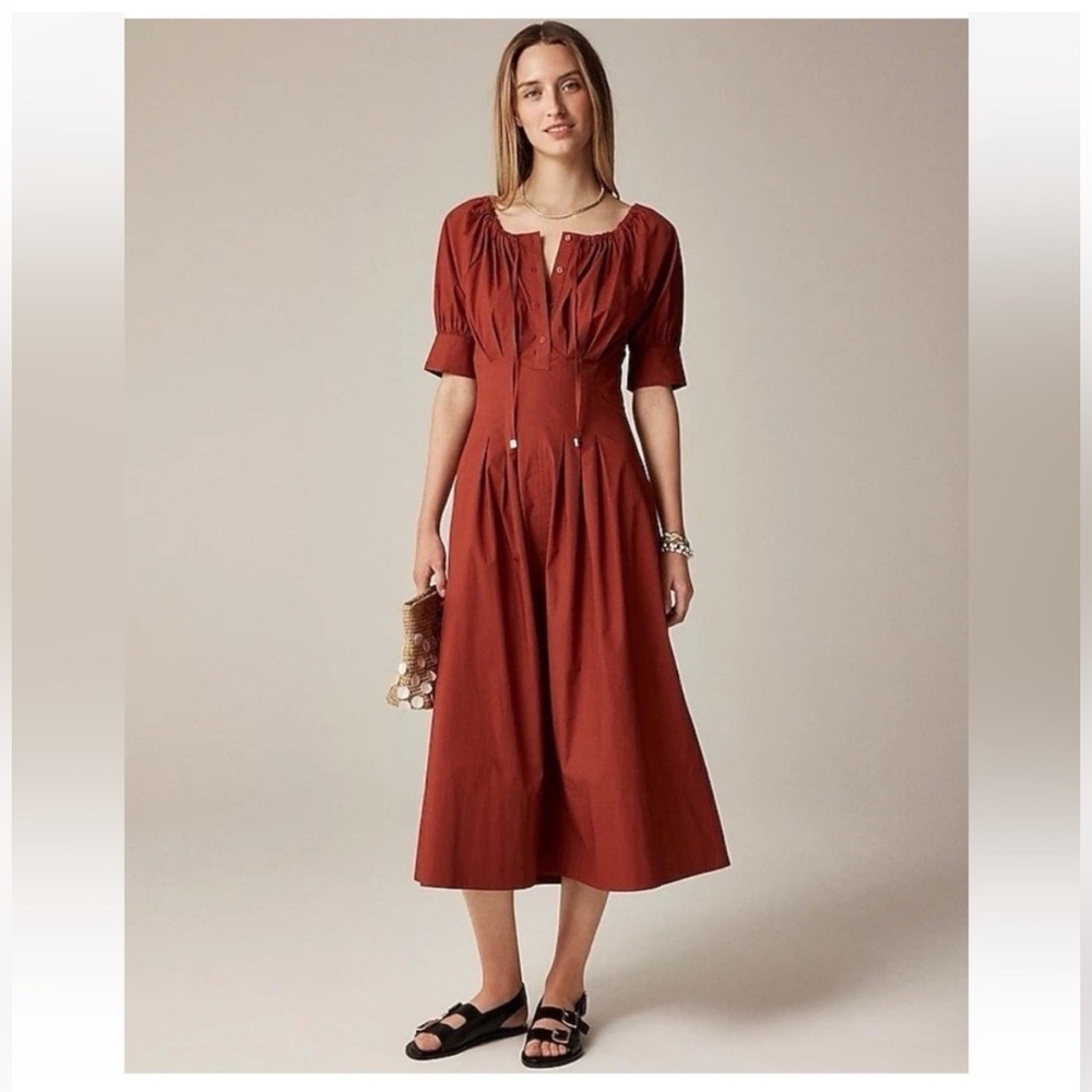 J. Crew Brick Red Midi Dress with Puff Sleeves